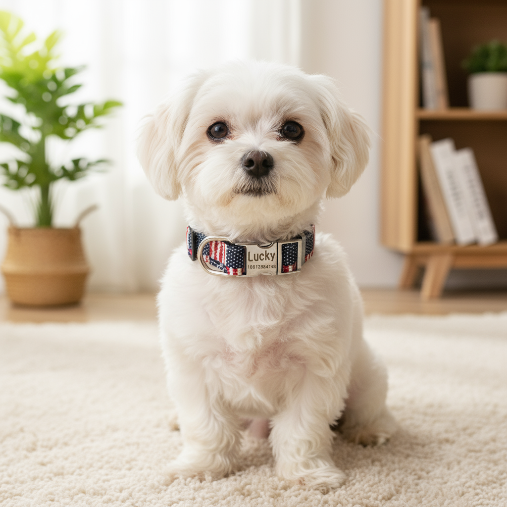 Patriotic Custom Engraved Dog Collar – Personalized Name & Number – American Flag Style
