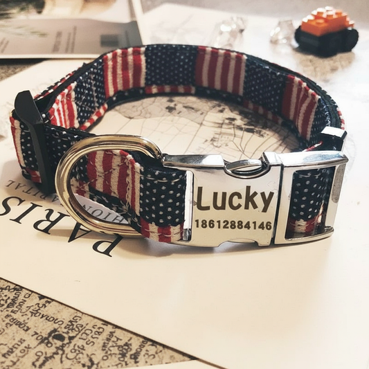 Patriotic Custom Engraved Dog Collar – Personalized Name & Number – American Flag Style