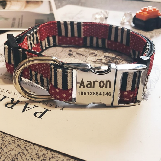 Patriotic Custom Engraved Dog Collar – Personalized Name & Number – American Flag Style